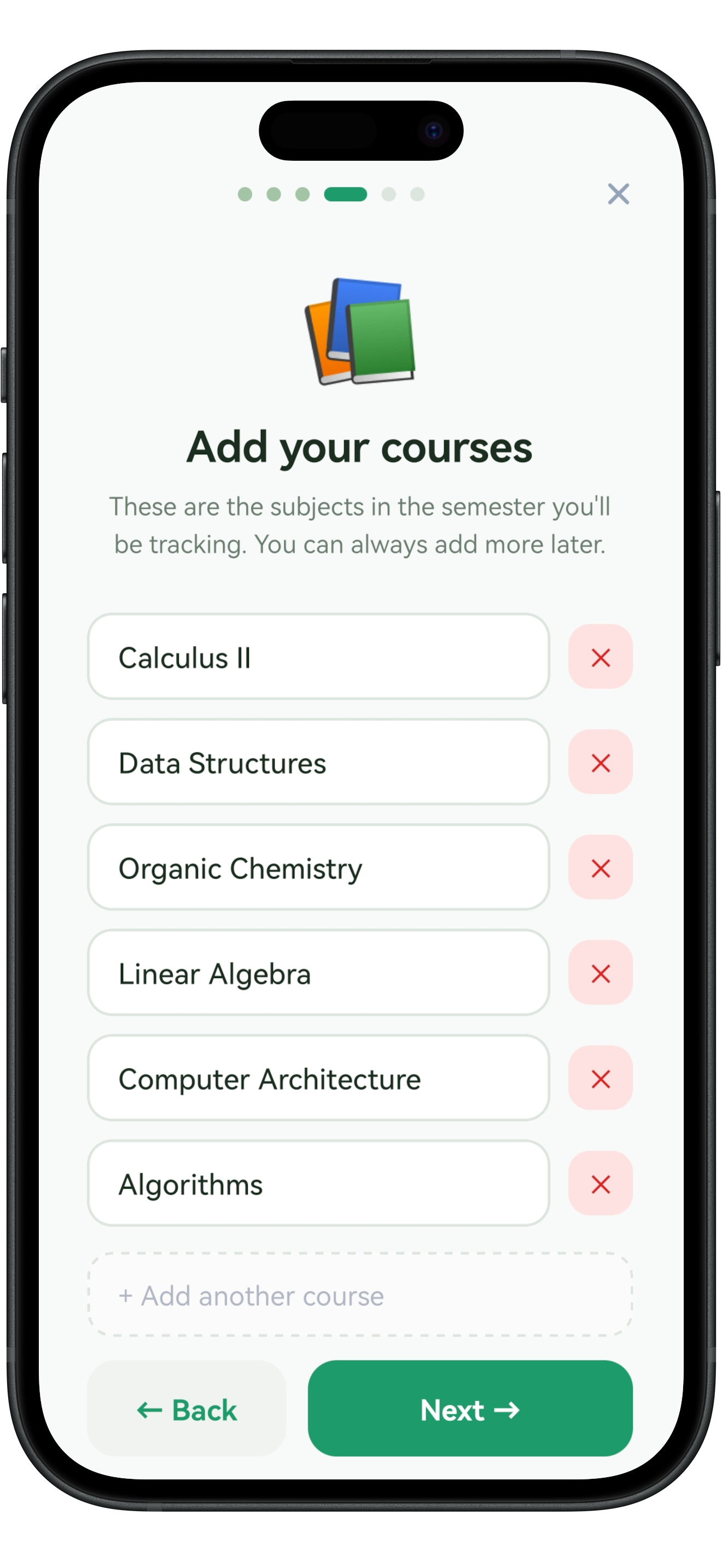Simplann app showing course selection chips for quick study logging
