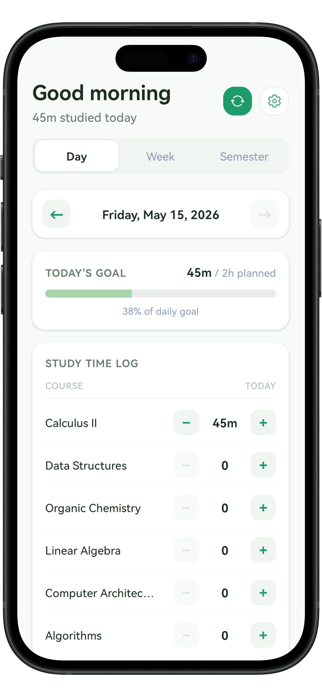Simplann study tracker app showing the daily view with logged study sessions and course breakdown