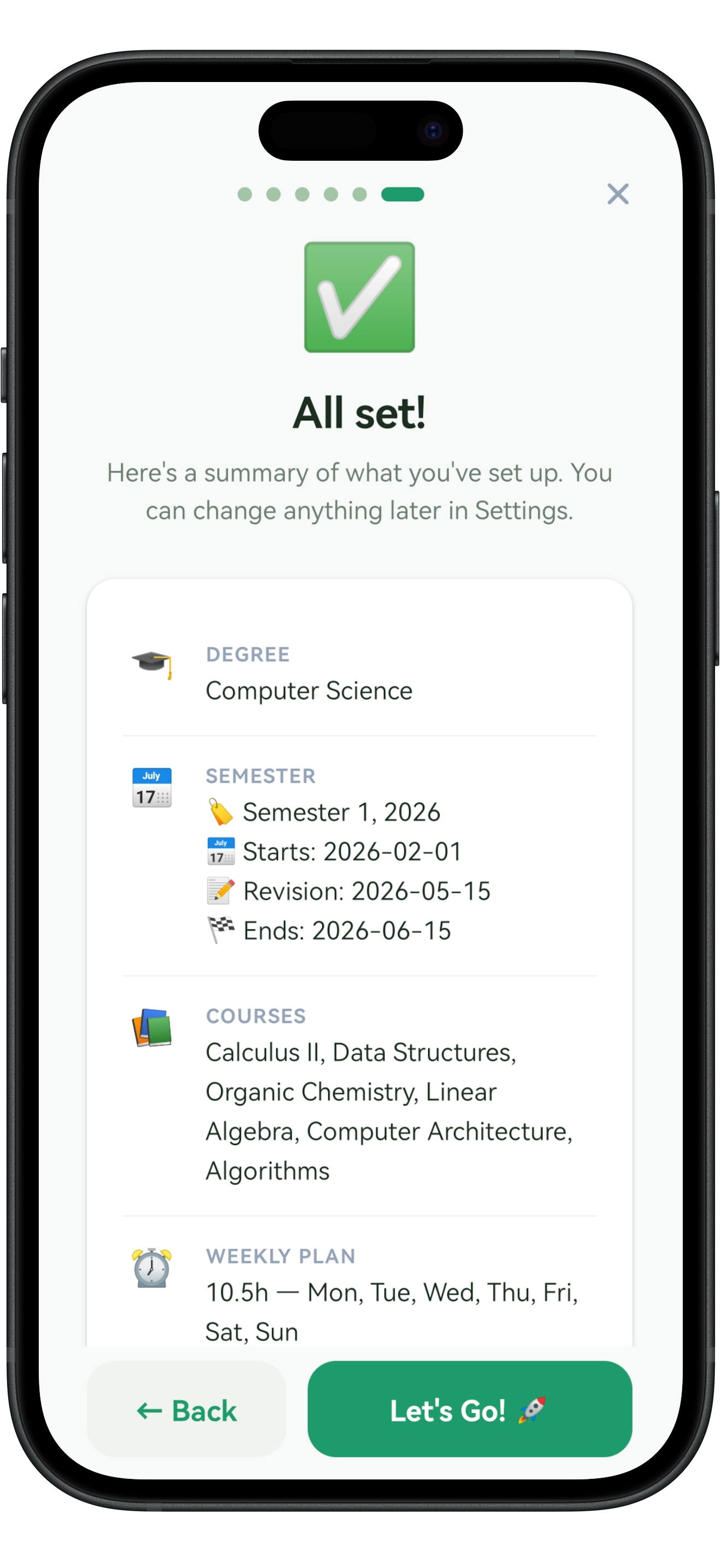 Simplann onboarding screen showing weekly study goal setup