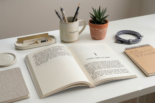 Open book showing a two-page spread with the weekly planner layout, clean typography, and simple illustrations