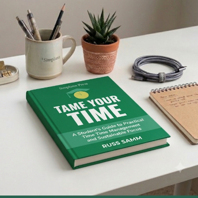 Tame Your Time book lying flat on a desk next to a coffee cup and a highlighted planner — lifestyle flatlay shot