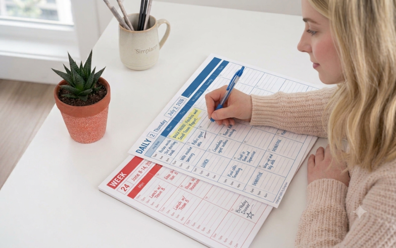 Emily at her desk, focused and calm, with a simple daily plan — one main task highlighted, phone placed out of sight