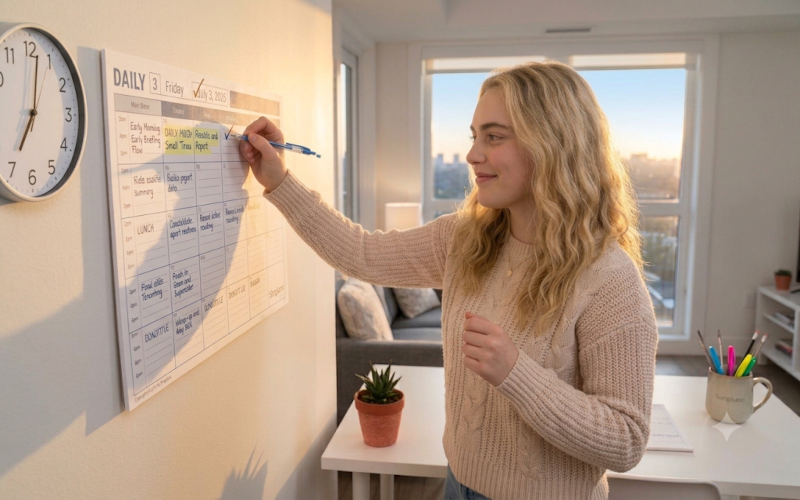 Emily standing in front of her daily calendar on the wall, at 7am, with high energy, while sun is rising up.