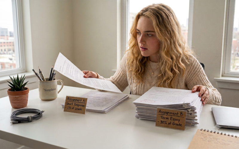 Emily at her desk comparing two assignments — one labeled 5% of grade, the other 30% — realizing not all tasks are equal
