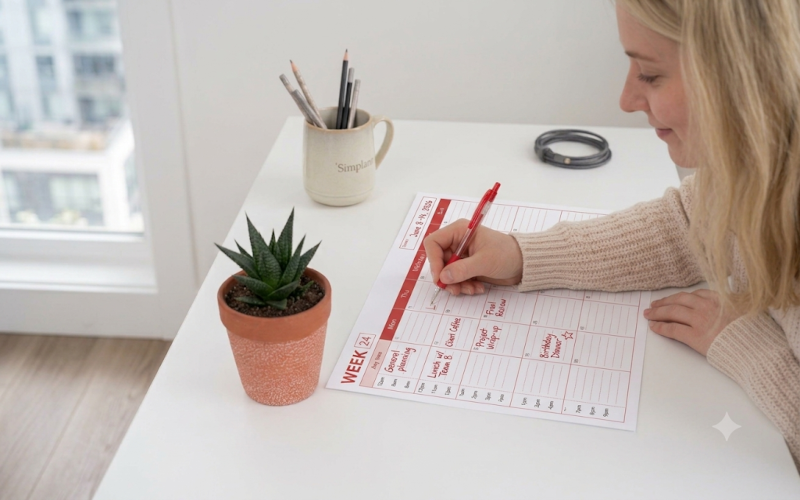Emily's weekly planner spread showing classes, study blocks, work shifts, and white space — balanced and realistic, not crammed