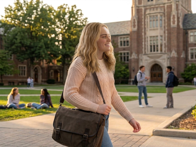 Emily walking across campus, bag on shoulder, looking calm and in control — a visual contrast to the stressed Emily from earlier in the page