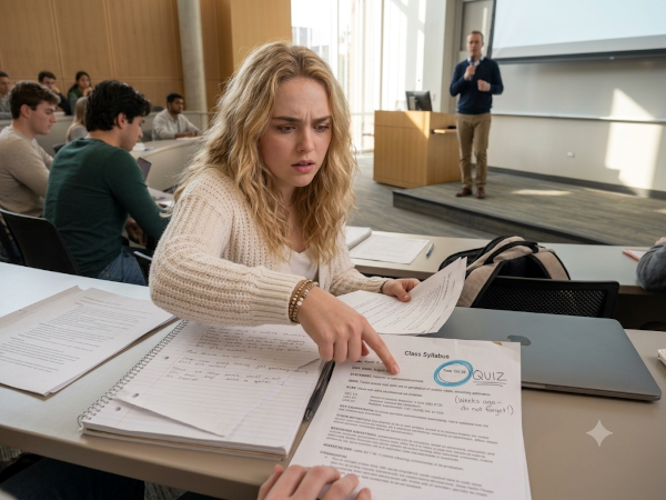 Emily in class with a surprised expression as the professor announces a quiz — the syllabus on her desk shows the date circled but overlooked