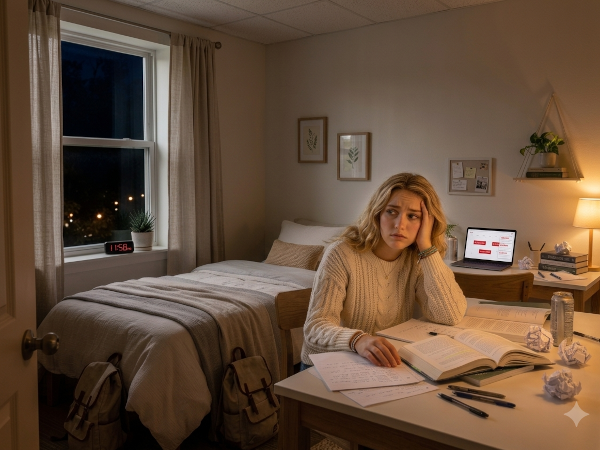 Emily sitting at her desk at 11:58, and looking stressed after submitting her essay