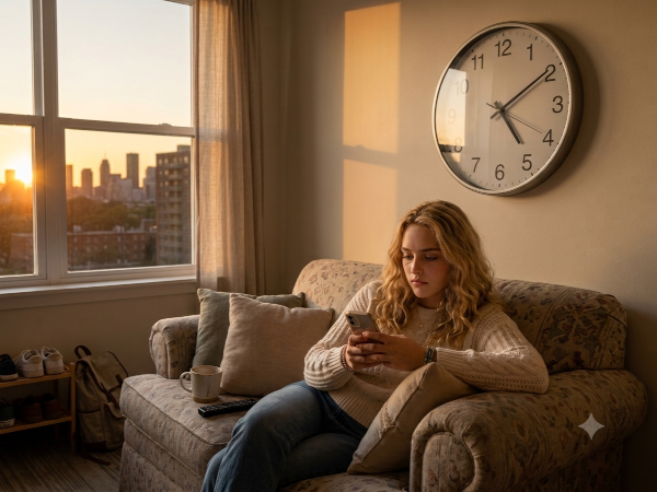 Emily on her couch, phone in hand, clock on wall showing hours passing, afternoon sunlight fading through window