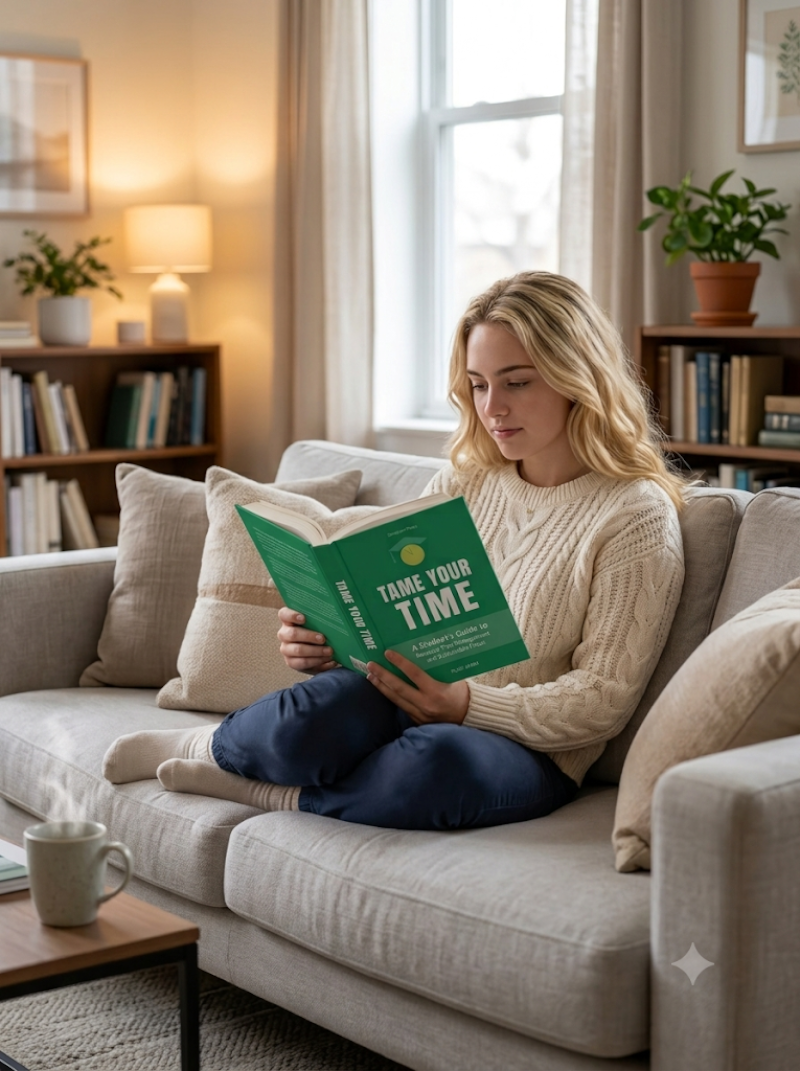 Emily sitting in a cozy chair reading the tame your time book, peaceful expression