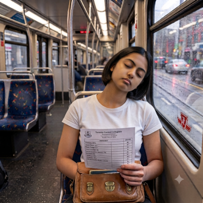 A student with straight A's but tired eyes, running on empty despite outward success — succeeding at a cost
