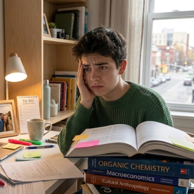 A student surrounded by textbooks and sticky notes, looking overwhelmed but hopeful — the student who started the semester with good intentions