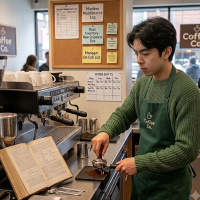 A student in a café uniform, laptop open during a break, juggling work shifts and coursework — school isn't the only priority